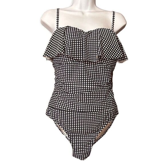 Kona Sol Polka Dot Swimsuit One Piece Ruffle Navy Blue White Size Large Preloved - Picture 1 of 7